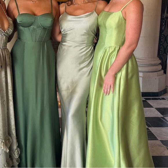 Dessy Collection Satin Twill Spaghetti Strap Ball Gown in Lime - Picture 6 of 7